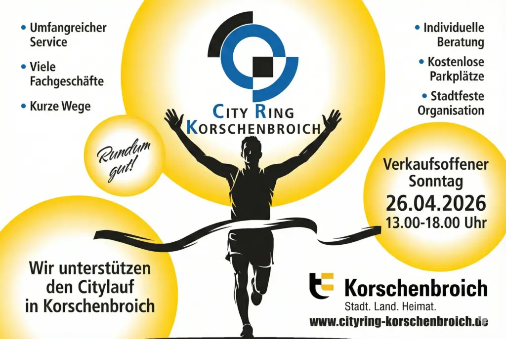 Werbebanner des City Ring Korschenbroich im Querformat. Es zeigt die Silhouette eines L&auml;ufers, der eine Ziellinie &uuml;berquert, umgeben von gelben Kreisen mit Informationen zum verkaufsoffenen Sonntag am 26.04.2026 und lokalen Servicevorteilen.