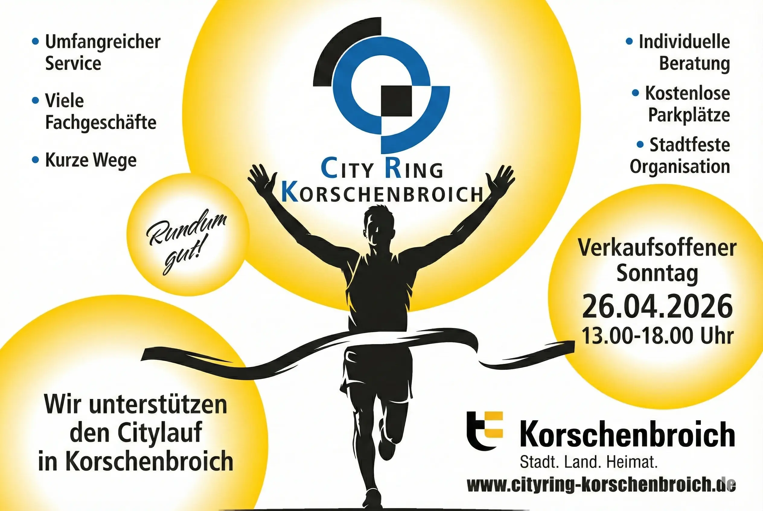 Werbebanner des City Ring Korschenbroich im Querformat. Es zeigt die Silhouette eines Läufers, der eine Ziellinie überquert, umgeben von gelben Kreisen mit Informationen zum verkaufsoffenen Sonntag am 26.04.2026 und lokalen Servicevorteilen.