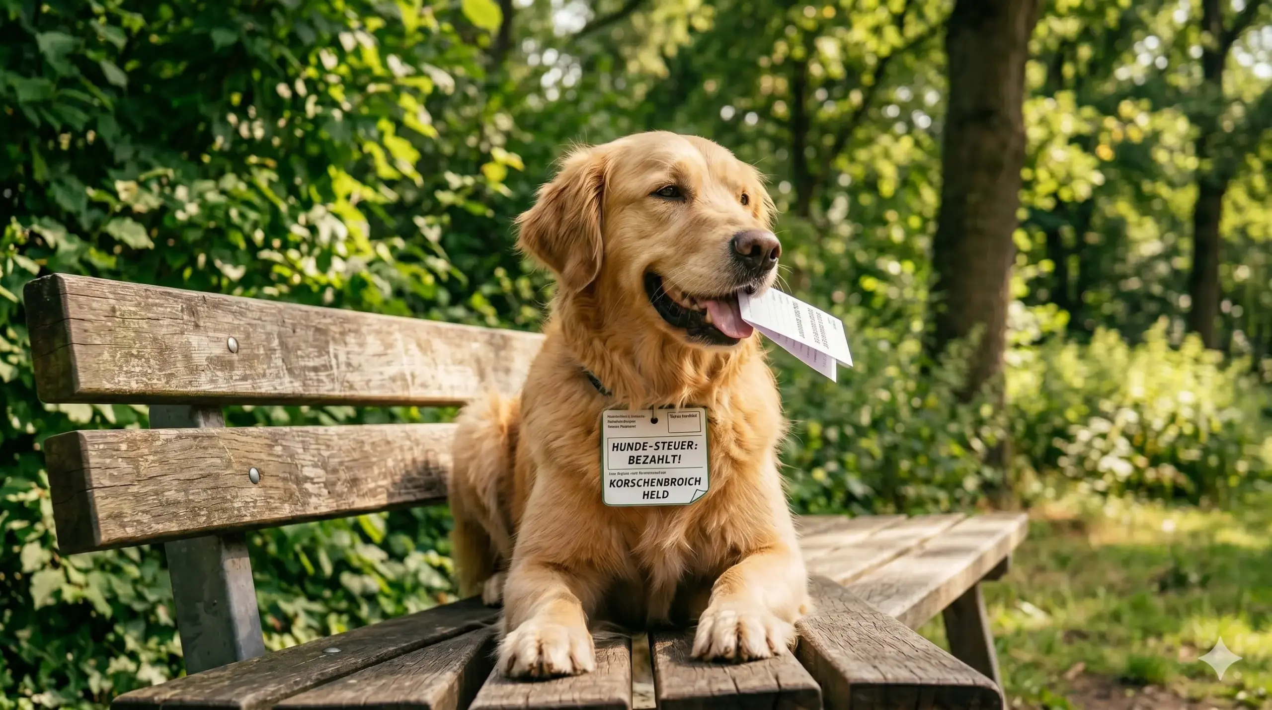 Ein glücklicher goldener Retriever liegt entspannt auf einer verwitterten Holzbank in einem sonnendurchfluteten Park, umgeben von dichtem grünen Laub. In seinem Fang hält er einen kleinen Stapel weißer Papiere, und um seinen Hals hängt ein Schild mit der Aufschrift „HUNDE-STEUER: BEZAHLT! KORSCHENBROICH HELD“. Der Hund schaut nach rechts und wirkt stolz und zufrieden.