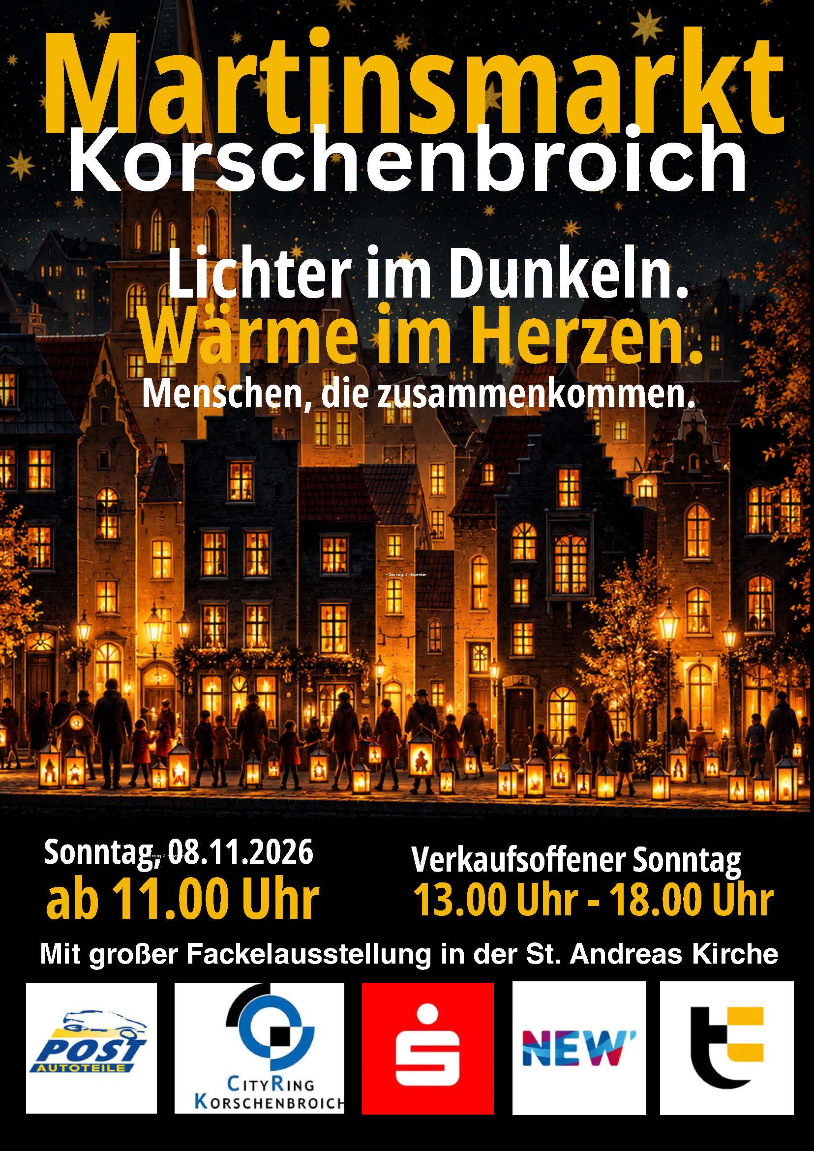 Plakat Martinsmarkt Korschenbroich am Sonntag, 8. November 2026, ab 11 Uhr, verkaufsoffener Sonntag 13 bis 18 Uhr